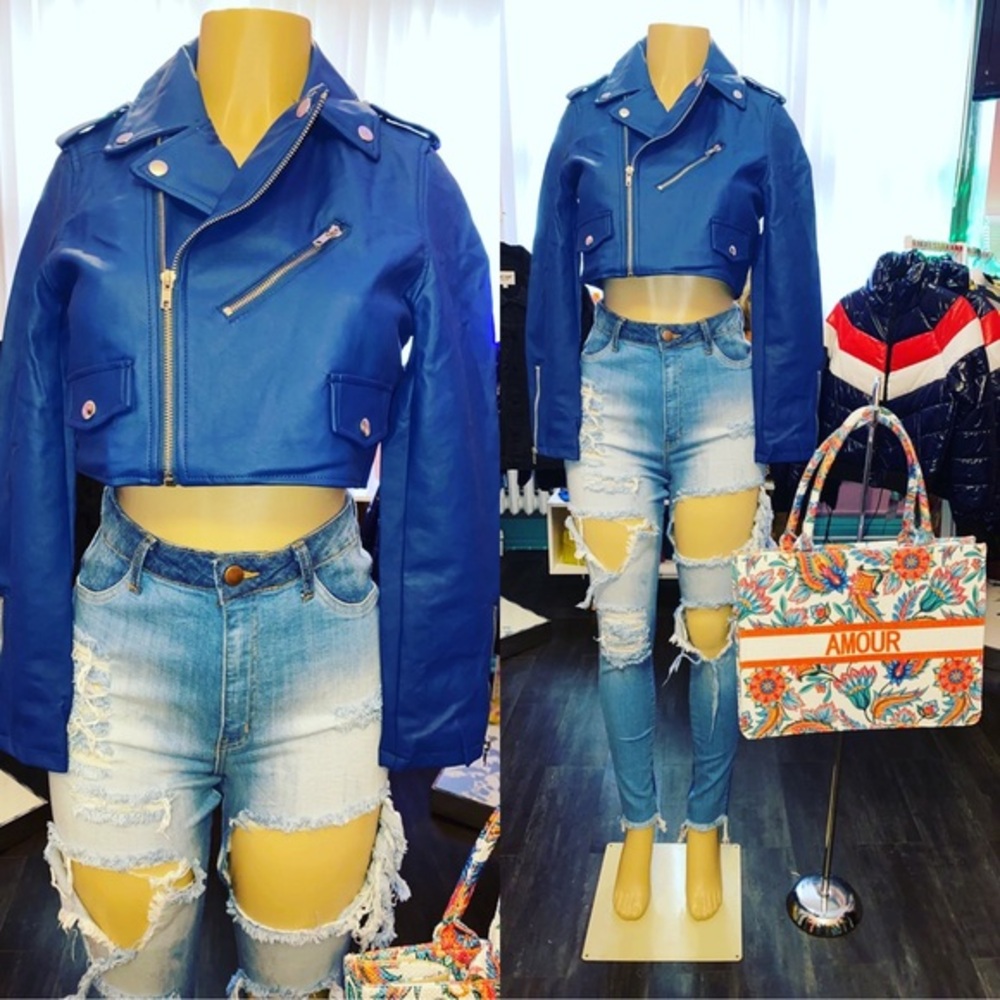 HP ❤️Ride Or Die Cropped Faux Leather Jacket-Blue